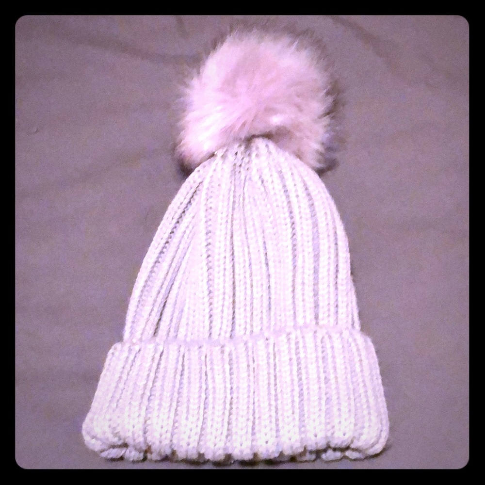 Grey knit beanie with fuzzy top
